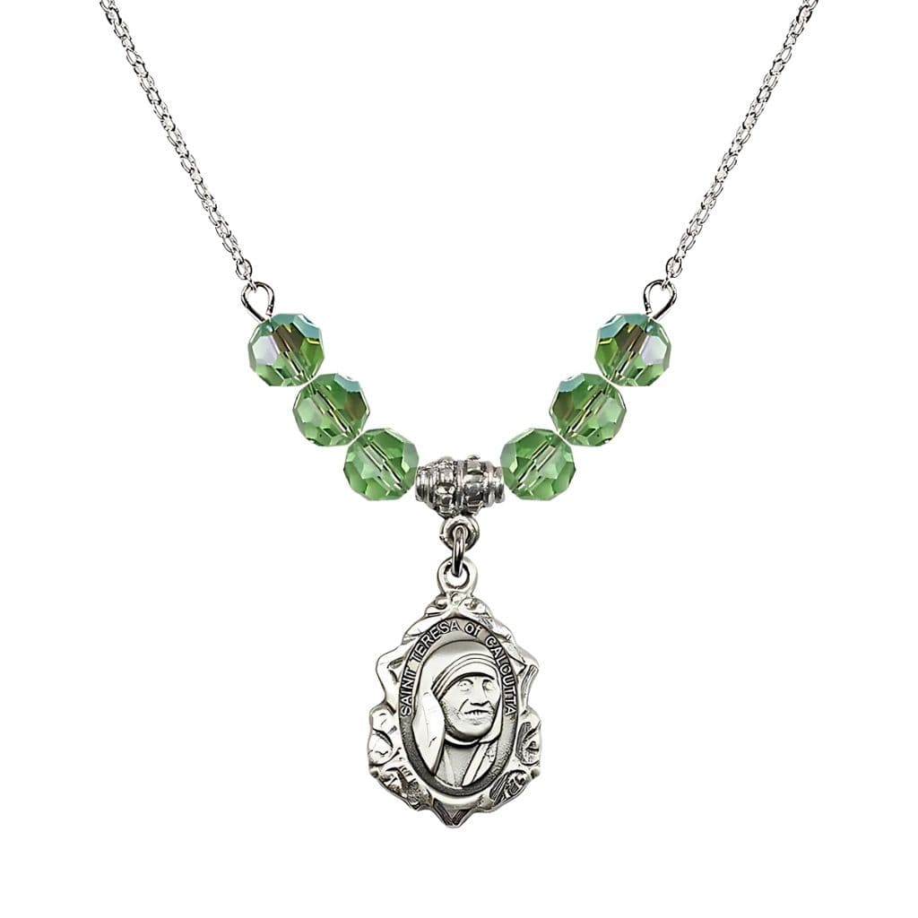 Bliss St. Teresa of Calcutta Sterling Silver Crystal Birthstone Necklace with 6mm Peridot Crystal Beads