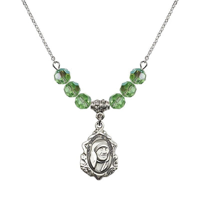 St. Teresa of Calcutta Sterling Silver Crystal Birthstone Necklace with 6mm Peridot Crystal Beads, Bliss Manufacturing