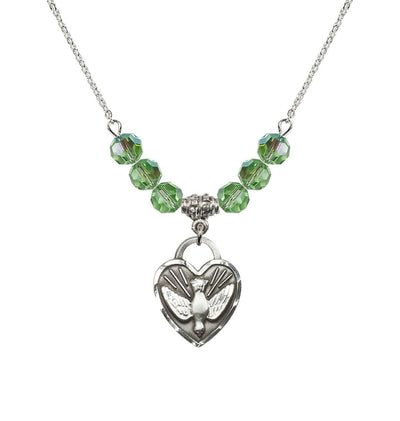 Dove Confirmation Heart Medal with 6mm Peridot Crystal Bead Necklace, 3/4 inch tall by 5/8 inch wide, Bliss Manufacturing