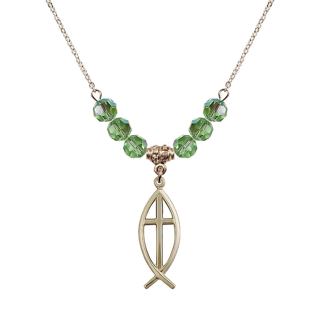 Bliss Fish Cross Crystal Peridot Birthstone Necklace with 18" Chain, Medal 1",