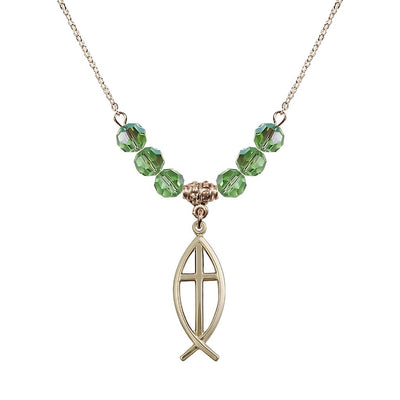 Fish Cross Crystal Peridot Birthstone Necklace with 18" Chain, Medal 1", Bliss Manufacturing