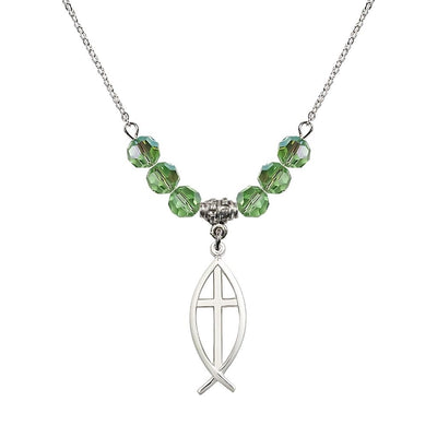 Fish Cross Crystal Birthstone Necklace with 18-inch Chain in Peridot, Medal 1 inch tall by 3/8 inch wide, Bliss Manufacturing
