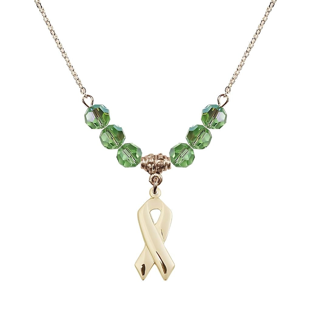 Bliss 14kt Gold-filled Cancer Awareness Ribbon Peridot Birthstone Crystal Beaded Necklace, Charm Measures 7/8 inch tall by 3/8 inch wide