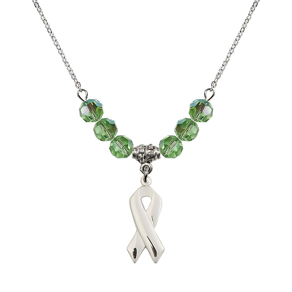 Bliss Sterling Silver Cancer Awareness Ribbon Peridot Birthstone Crystal Beaded Necklace, Charm Measures 7/8 inch tall by 3/8 inch wide