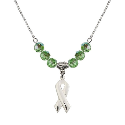 Sterling Silver Cancer Awareness Ribbon Peridot Birthstone Crystal Beaded Necklace, Charm Measures 7/8 inch tall by 3/8 inch wide, Bliss Manufacturing