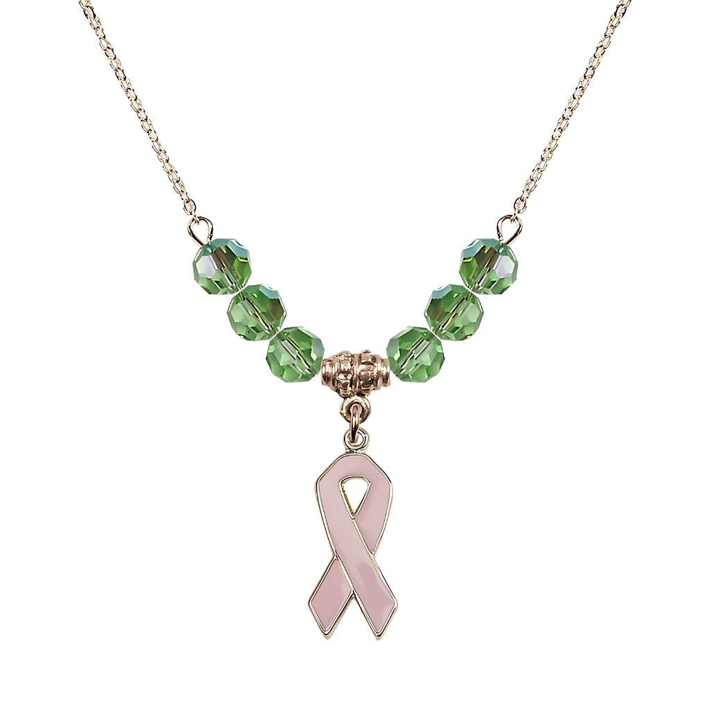 Bliss Gold-filled Breast Cancer Awareness Pink Ribbon Peridot Crystal Beaded Necklace, Measures 7/8-inch tall by 1/4-inch wide