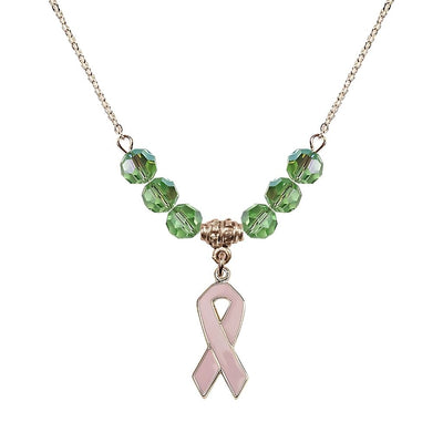 Gold-filled Breast Cancer Awareness Pink Ribbon Peridot Crystal Beaded Necklace, Measures 7/8-inch tall by 1/4-inch wide, Bliss Manufacturing