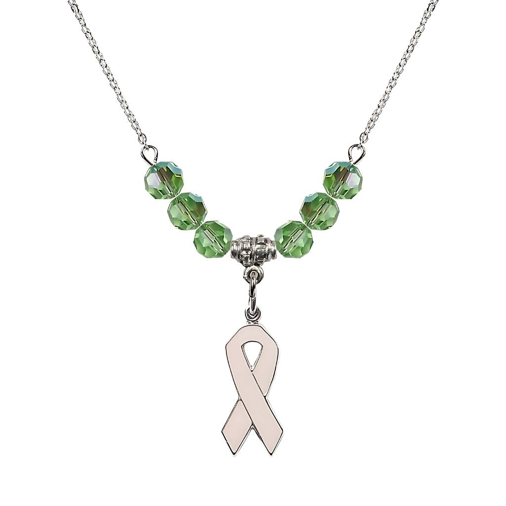 Bliss Sterling Silver Breast Cancer Awareness Pink Ribbon Peridot Crystal Beaded Necklace, Measures 7/8-inch tall by 1/4-inch wide