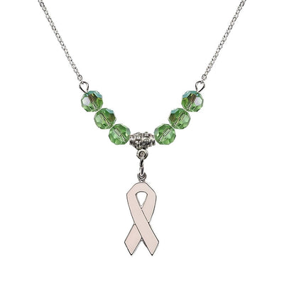 Sterling Silver Breast Cancer Awareness Pink Ribbon Peridot Crystal Beaded Necklace, Measures 7/8-inch tall by 1/4-inch wide, Bliss Manufacturing