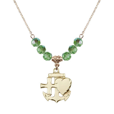 Christian Faith, Hope and Charity Gold-filled 6mm Peridot Crystal Birthstone Necklace, Bliss Manufacturing
