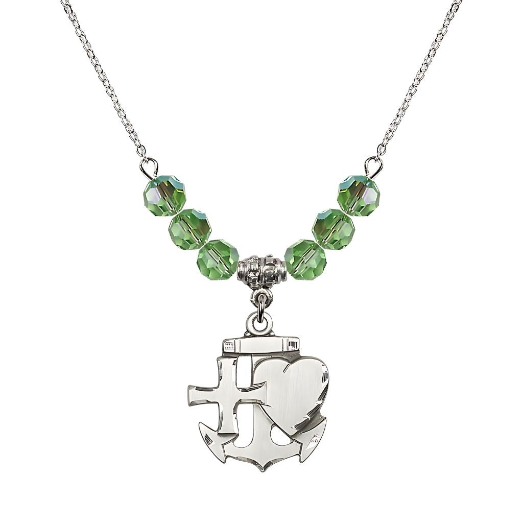 Bliss Christian Faith, Hope and Charity Sterling Silver 6mm Peridot Crystal Birthstone Necklace, Medal Measures 7/8-inch tall by 3/4-inch wide