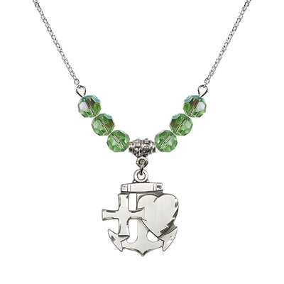 Christian Faith, Hope and Charity Sterling Silver 6mm Peridot Crystal Birthstone Necklace, Medal Measures 7/8-inch tall by 3/4-inch wide, Bliss Manufacturing