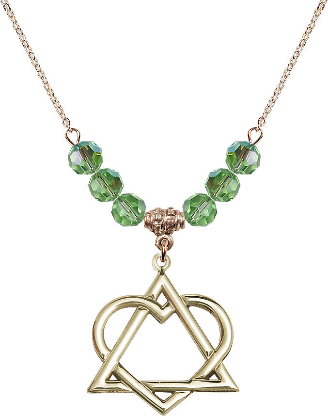 Hamilton Gold Plated Necklace with 6mm Peridot Crystal Beads featuring a 14kt Gold Filled Adoption Heart Medal,