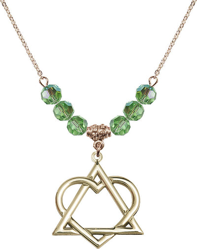 Hamilton Gold Plated Necklace with 6mm Peridot Crystal Beads featuring a 14kt Gold Filled Adoption Heart Medal, Bliss Manufacturing