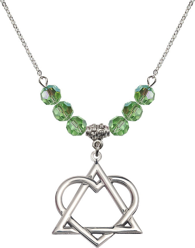 18" Rhodium Plated Necklace with 6mm Peridot Crystal Beads featuring a Sterling Silver Adoption Heart Medal,