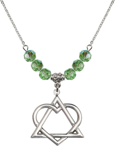 18" Rhodium Plated Necklace with 6mm Peridot Crystal Beads featuring a Sterling Silver Adoption Heart Medal, Bliss Manufacturing