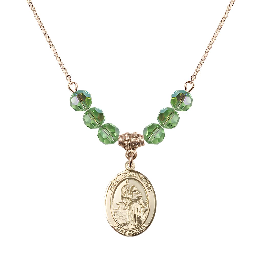 Bliss St. Joan of Arc Oval 14kt Gold-filled 6mm Peridot Austrian Crystal Beaded Necklace, Measures 3/4 inch tall by 1/2-inch wide, Gift Box.
