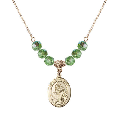 St. Joan of Arc Oval 14kt Gold-filled 6mm Peridot Austrian Crystal Beaded Necklace, Measures 3/4 inch tall by 1/2-inch wide, Gift Box, Bliss Manufacturing