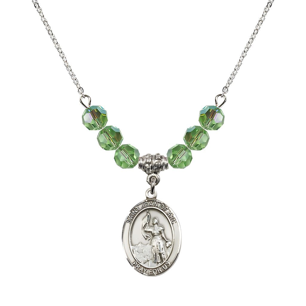 Bliss St. Joan of Arc Oval Sterling Silver 6mm Peridot Austrian Crystal Beaded Necklace, Measures 3/4 inch tall by 1/2-inch wide, Gift Box.
