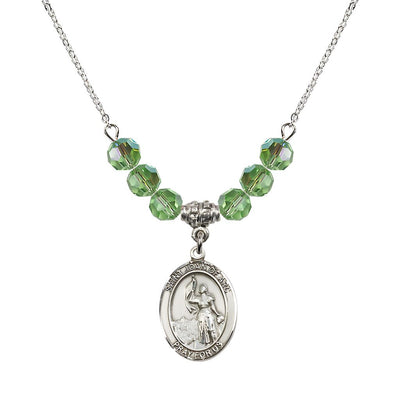 St. Joan of Arc Oval Sterling Silver 6mm Peridot Austrian Crystal Beaded Necklace, Measures 3/4 inch tall by 1/2-inch wide, Gift Box, Bliss Manufacturing