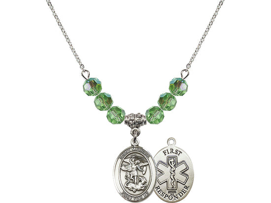 Bliss 1st Responder St Michael Sterling Silver Beaded Necklace in Peridot,