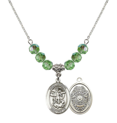 Police Officers St. Michael Sterling Silver 6mm Peridot Beaded Necklace, Measures 3/4 inch tall by 1/2-inch wide, Gift Box, Bliss Manufacturing