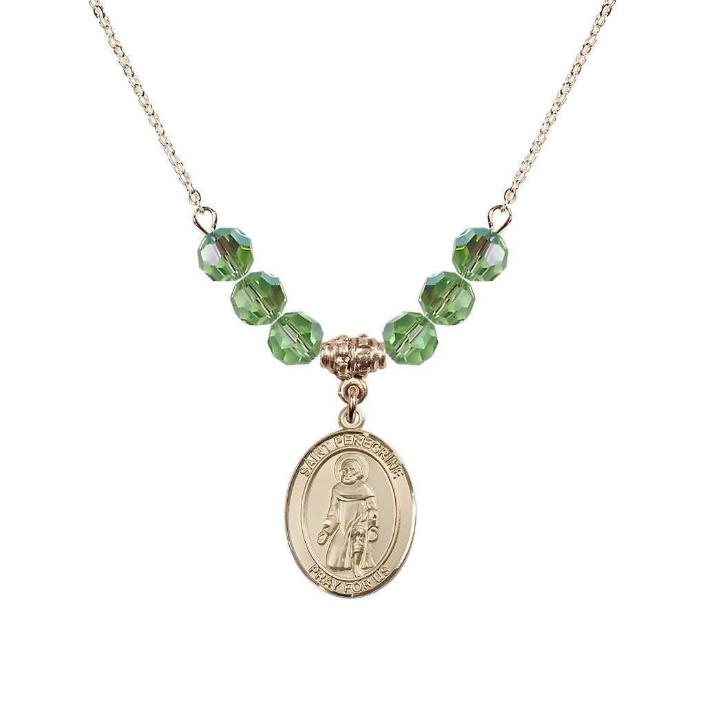 Bliss Our Lady of Fatima 14kt Gold-filled 6mm Peridot Beaded Necklace, Measures 3/4 inch tall by 1/2-inch wide, Gift Box