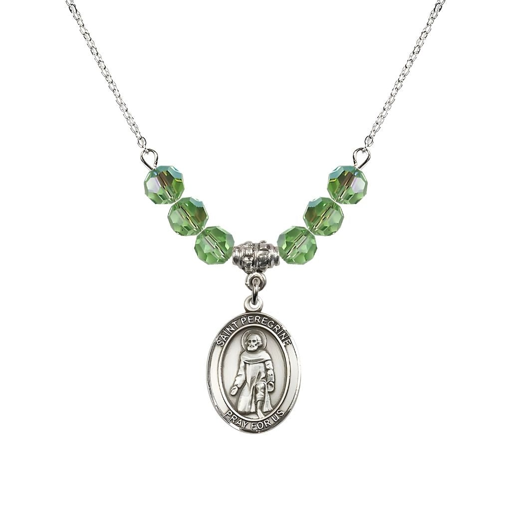 Bliss Our Lady of Fatima Sterling Silver 6mm Peridot Beaded Necklace, Measures 3/4 inch tall by 1/2-inch wide, Gift Box