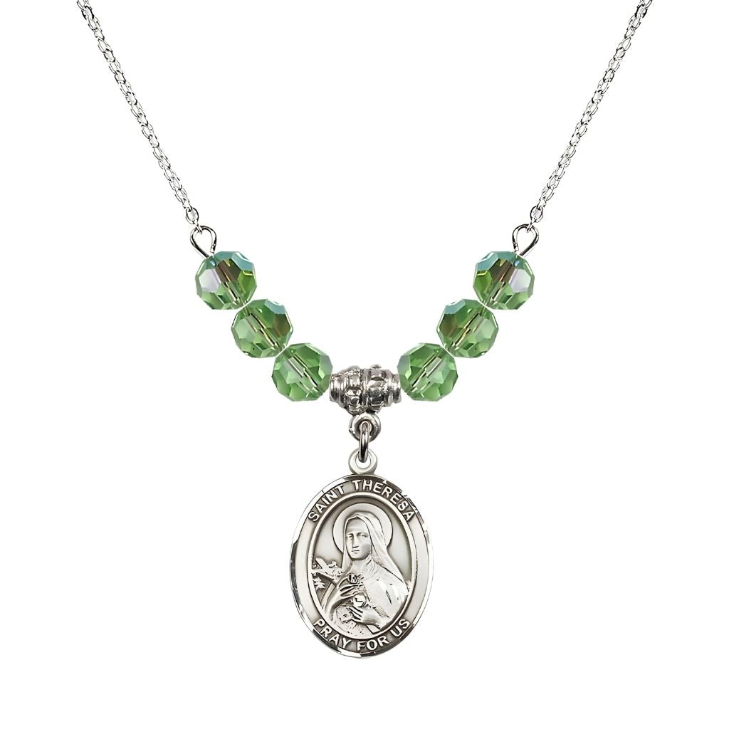 Bliss St. Theresa Sterling Silver Crystal Necklace, handcrafted in the USA, Birthstone 6mm Austrian Crystals in Peridot