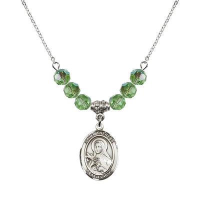 St. Theresa Sterling Silver Crystal Necklace, handcrafted in the USA, Birthstone 6mm Austrian Crystals in Peridot, Bliss Manufacturing