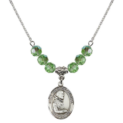 Sterling Silver St. Padre Pio of Pietrelcina Peridot Crystal Birthstone Necklace, Bliss Manufacturing