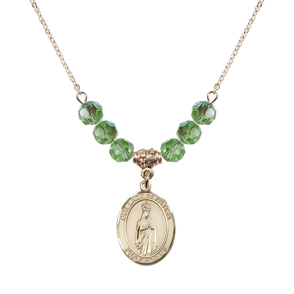 Bliss Our Lady of Fatima Gold-filled 6mm Peridot Beaded Necklace, Measures 3/4 inch tall by 1/2-inch wide, Gift Box