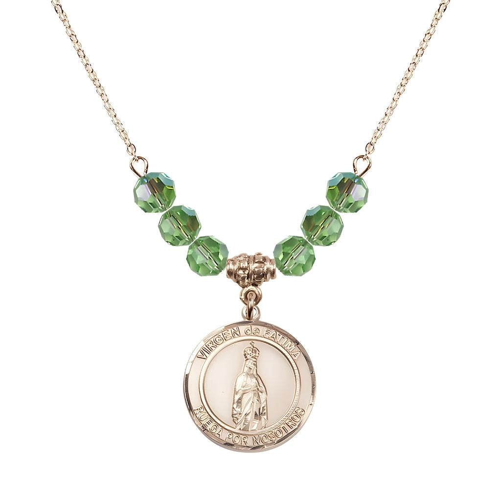Bliss Virgen de Fatima Round 14kt Gold-filled 6mm Peridot Beaded Necklace, Measures 3/4 inch tall by 1/2-inch wide, Gift Box