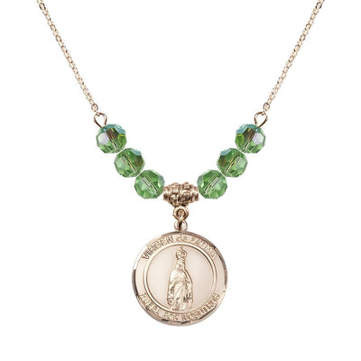 Virgen de Fatima Round 14kt Gold-filled 6mm Peridot Beaded Necklace, Measures 3/4 inch tall by 1/2-inch wide, Gift Box, Bliss Manufacturing
