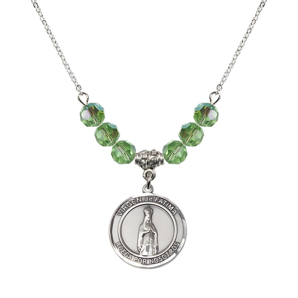 Bliss Virgen de Fatima Round Sterling Silver 6mm Peridot Beaded Necklace, Measures 3/4 inch tall by 1/2-inch wide, Gift Box