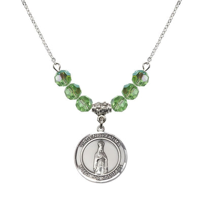 Virgen de Fatima Round Sterling Silver 6mm Peridot Beaded Necklace, Measures 3/4 inch tall by 1/2-inch wide, Gift Box, Bliss Manufacturing