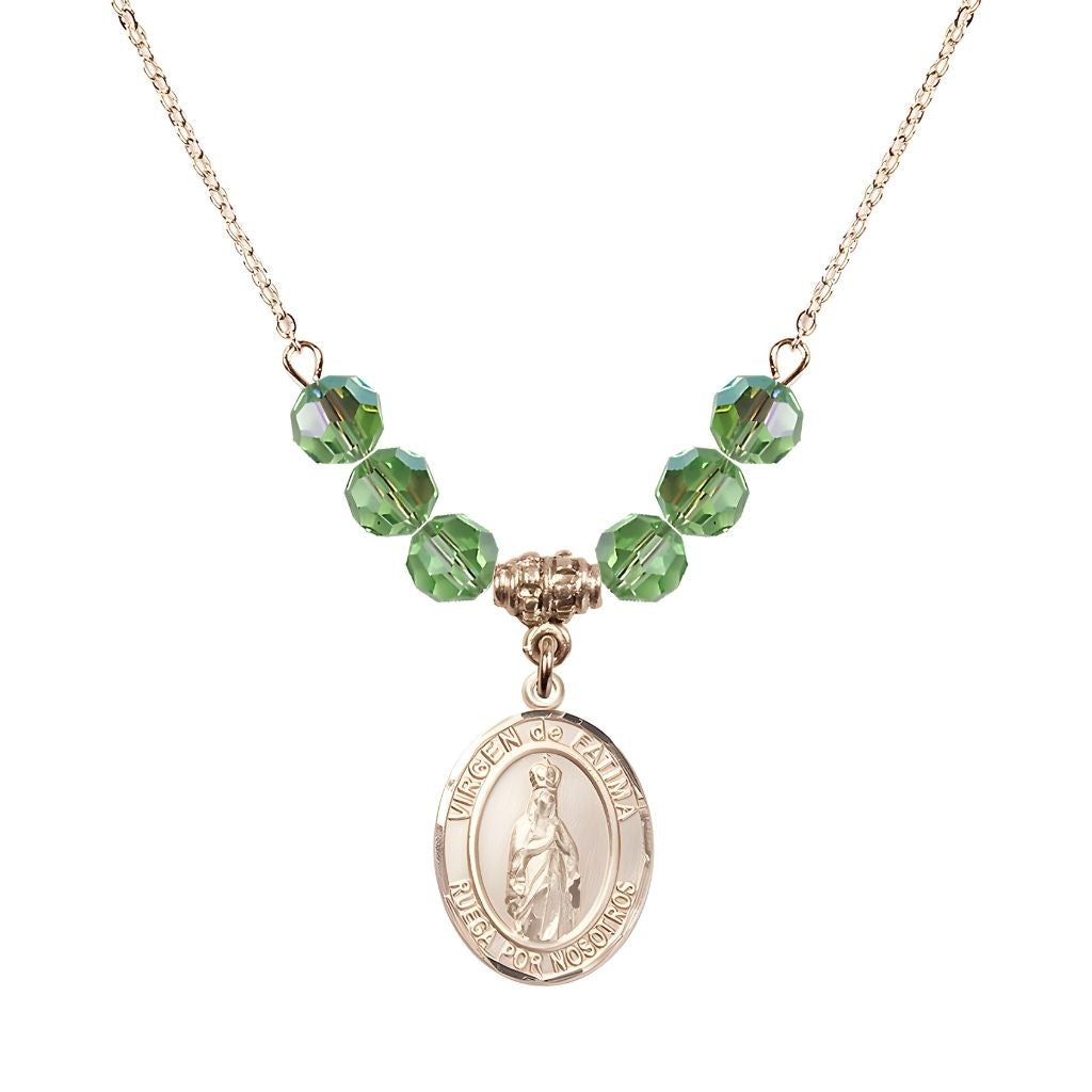 Bliss Virgen de Fatima 14kt Gold-filled 6mm Peridot Beaded Necklace, Measures 3/4 inch tall by 1/2-inch wide, Gift Box