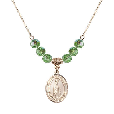 Virgen de Fatima 14kt Gold-filled 6mm Peridot Beaded Necklace, Measures 3/4 inch tall by 1/2-inch wide, Gift Box, Bliss Manufacturing