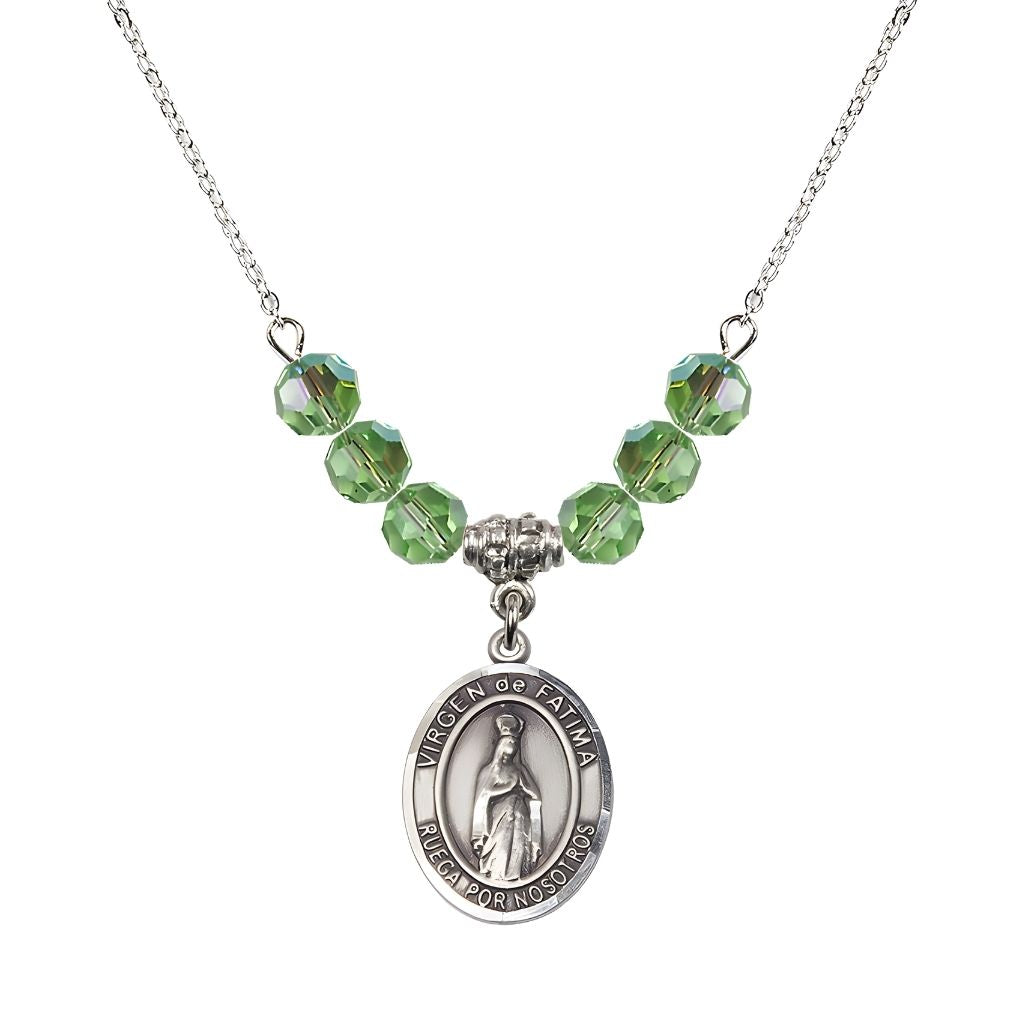 Bliss Virgen de Fatima Oval Sterling Silver 6mm Peridot Beaded Necklace, Measures 3/4 inch tall by 1/2-inch wide, Gift Box