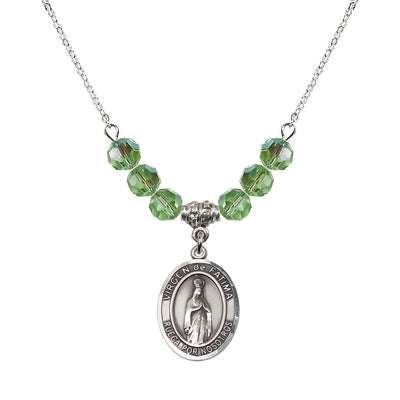 Virgen de Fatima Oval Sterling Silver 6mm Peridot Beaded Necklace, Measures 3/4 inch tall by 1/2-inch wide, Gift Box, Bliss Manufacturing