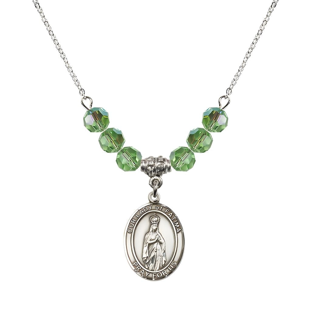 Bliss Our Lady of Fatima Sterling Silver 6mm Peridot Beaded Necklace, Measures 3/4 inch tall by 1/2-inch wide, Gift Box