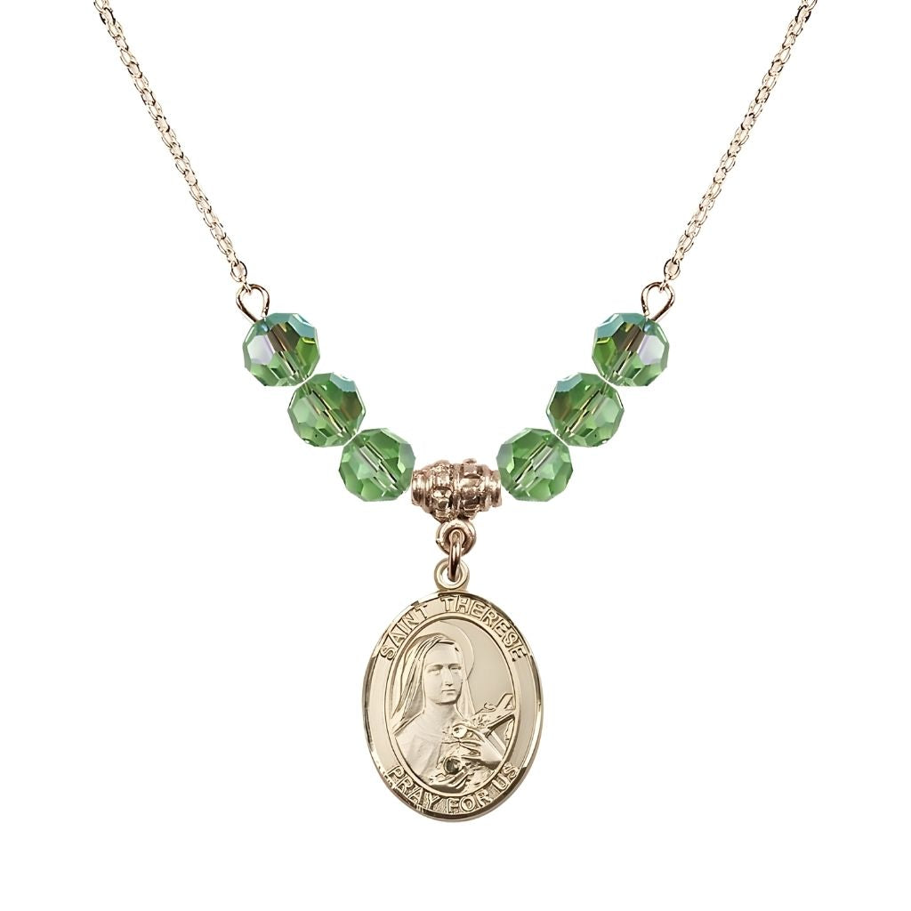 Bliss St. Therese of Lisieux Gold-filled Birthstone Necklace with 6mm Austrian crystal in peridot beads