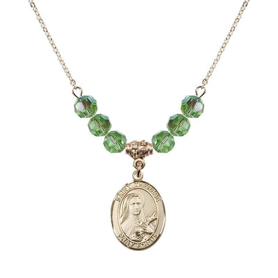St. Therese of Lisieux Gold-filled Birthstone Necklace with 6mm Austrian crystal in peridot beads, Bliss Manufacturing