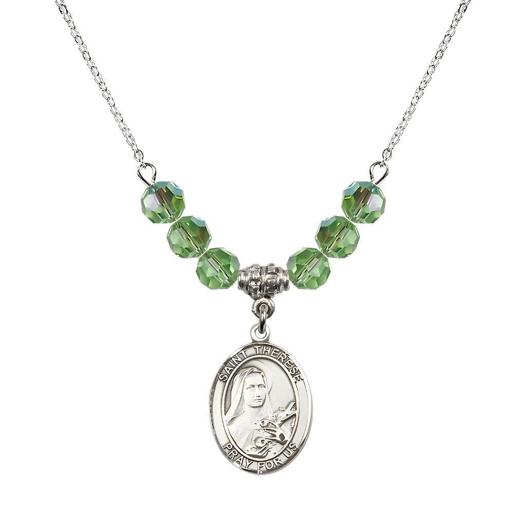 Bliss St. Therese of Lisieux Sterling Silver Medal and Birthstone 6mm Peridot Crystal Necklace