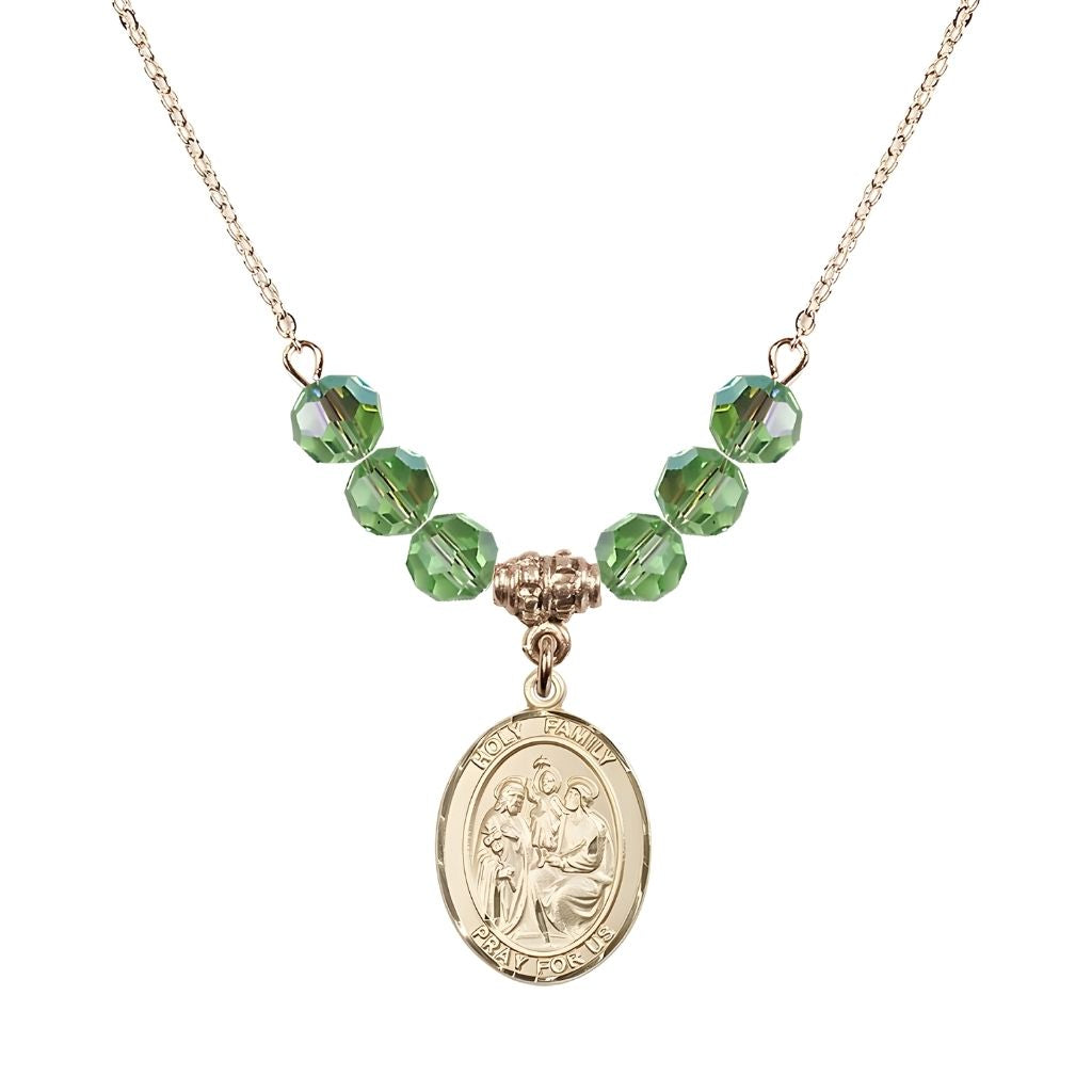 Bliss Holy Family Beaded Necklace with Gold-filled Medal, 6mm Austrian Crystal Peridot Beads for August