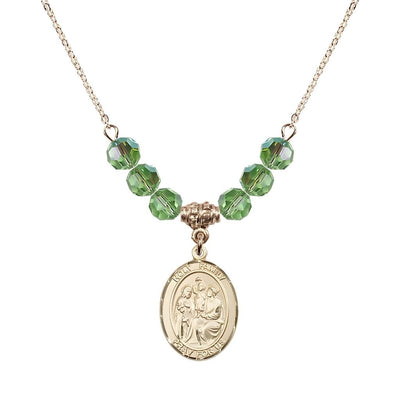 Holy Family Beaded Necklace with Gold-filled Medal, 6mm Austrian Crystal Peridot Beads for August, Bliss Manufacturing