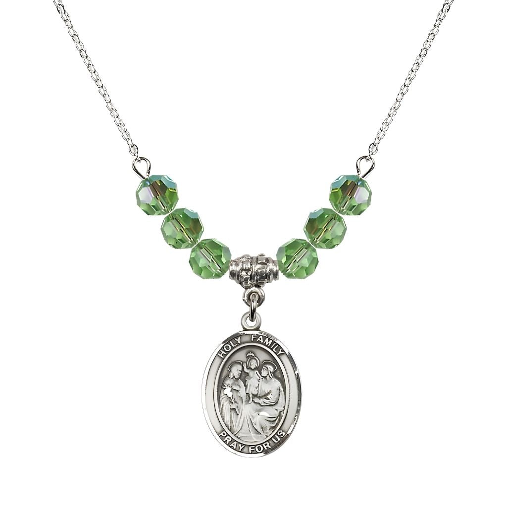Bliss Holy Family Beaded Necklace with Sterling Silver Medal, 6mm Austrian Crystal Peridot Beads for August