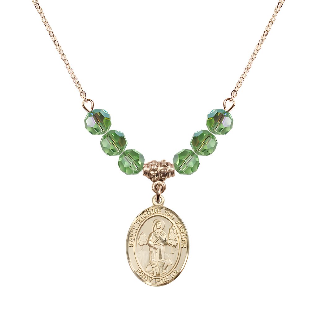 Bliss St. Isidore the Farmer Oval 14kt Gold-filled 6mm Peridot Austrian Crystal Beaded Necklace, Measures 3/4 inch tall by 1/2-inch wide, Gift Box.