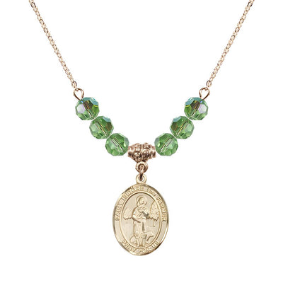 St. Isidore the Farmer Oval 14kt Gold-filled 6mm Peridot Austrian Crystal Beaded Necklace, Measures 3/4 inch tall by 1/2-inch wide, Gift Box, Bliss Manufacturing