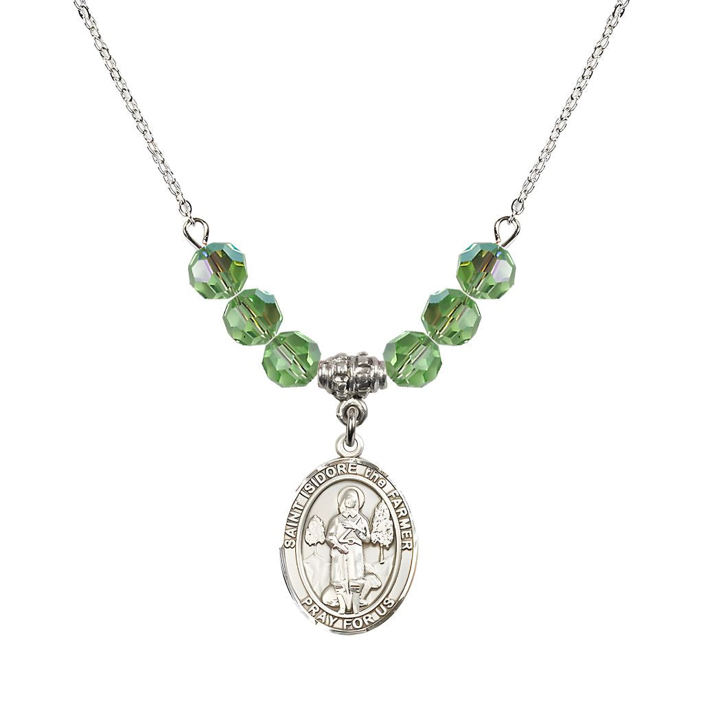 Bliss St. Isidore the Farmer Oval Sterling Silver 6mm Peridot Austrian Crystal Beaded Necklace, Measures 3/4 inch tall by 1/2-inch wide, Gift Box.